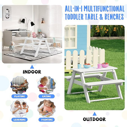 Costaelm Kids Picnic Table, HDPE All Weather Outdoor Toddler Picnic Table and Chair Set Kids Bench for Patio, Backyard, Garden, Lawn, White