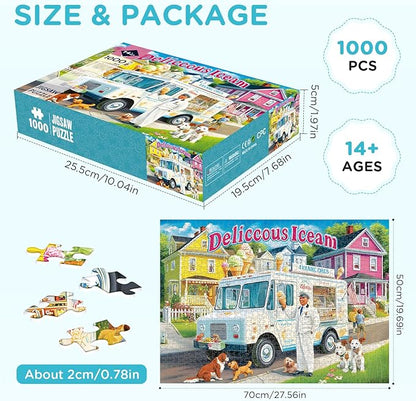 Puzzles for Adults 1000 Pieces Vintage Ice Cream Truck Jigsaw Puzzles Challenging Puzzle for Stress Relief, Home Decor and Gifting