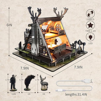 Model Kit Adult Miniature House Kit, Doll Houses Book Nook DIY Kit with Furniture and USB -LED Light, Bookshelf Miniature Scenes, Dollhouse Kits for Adults, Children (Hunting-Cabin)
