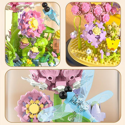 HI-REEKE Flower Dragonfly Bouquet Building Block Set, Micro Mini Botanical Building Toy for Women-568 PCS