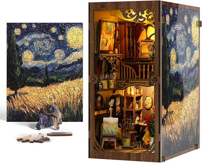 ISSEVE Book Nook Kit, DIY 3D Wooden Puzzle Dollhouse Booknook for Adults, Tiny Miniature House Kit Bookshelf Decor w Dust Cover, Halloween for Crafts Book Lovers (Painter’s Studio)