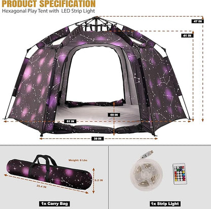 Portable Hexagon Kids Play Tent with LED Strip Lights Indoor Children Play House Easy Set-up Space Dream Tent for Night.4-5 Person Large Tents & Birthday Gifts