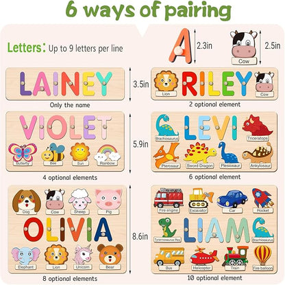 Personalized Name Puzzle for Kids, Wooden Name Puzzle for Toddlers 1-3, Custom Baby Gifts, Educational Montessori Toys for Learning Alphabet, Animals, First Birthday Gifts for Boys Girls