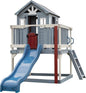 Backyard Discovery Beacon Heights Elevated Cedar Wooden Kids Playhouse with Wave Slide, Play Kitchen, Wrap-Around Deck, Flat-Step Ladder, Half Door, Windows, Bell, and Growth Chart for Outdoor Play