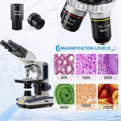 Swift Digital Binocular Compound Microscope 40X-2500X, with 5MP USB Camera, Two-Layer Mechanical Stage and Software Windows and Mac Compatible and Slides,Siedentopf Head,Research-Grade