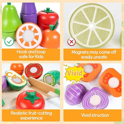 Wooden Play Food for Toddlers, Color Food Groups, Fruit & Veggies Cutting Set, Pretend Play Food Kitchen Accessories for 3 4 5 6 7 Years Old Boys & Girls