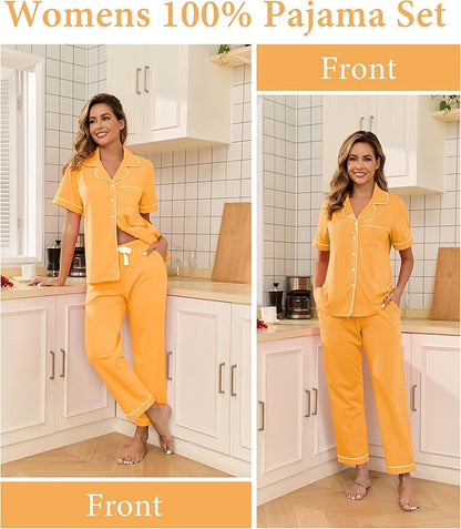 CF Womens 100% Cotton Pajamas Set Button Down Pjs Sets Short Sleeve Top & Long Pants Sleepwear Comfy Loungewear with Pockets