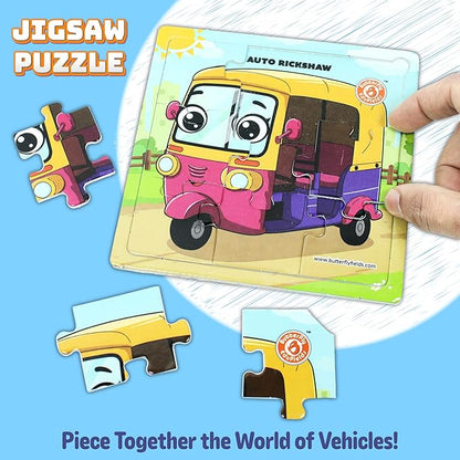 Butterfly EduFields 4-in-1 Vehicles Jigsaw Puzzle Set for Kids Age 3-7 | 38 Pcs Brain-Boosting Puzzle Toy with Coloring Worksheets for Boys & Girls | Preschool Learning