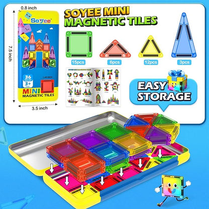 Mini Magnetic Tiles Travel Toddler Toys with Metal Tin Portable STEM Building Kids Toys for 3 4 5 6 7 8+ Years Old Boys & Girls & Birthday Gifts