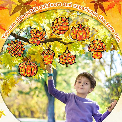32 Sets Fall Thanksgiving Suncatchers Craft Kit DIY Window Stained Glass Effect Autumn Harvest Paper Crafts Home School Classroom Decoration Kid Birthday Gift Creative Art Project Activity Game