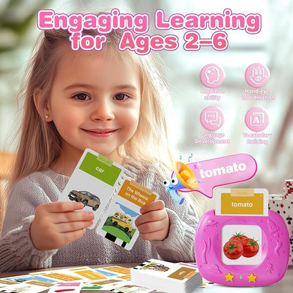 HOMESTEC Toddlers Talking Flash Cards with American Accent & 144 Sight Words, Speech Therapy Toys for 3 4 5 6 Years Old Boys and Girls (Pink)
