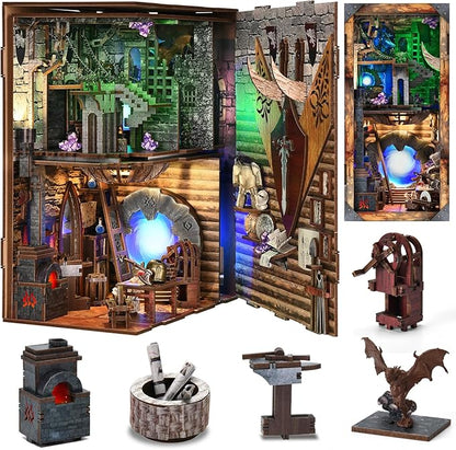 DIY Book Nook Kit, DIY Miniature Dollhouse Booknook Kit, 3D Wooden Puzzle Bookend Bookshelf Insert Decor with LED Light for Teens and Adults (Blade and Magic)