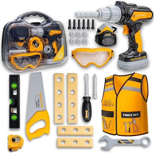 Kids Tool Set with Carrying Case, Electronic Toy Drill with Bits & Construction Vest – Pretend Play Kit with Safety Googles, Gas Shield, Tape Measure, Saw, Bubble Level, Screwdriver, Nuts & Bolts