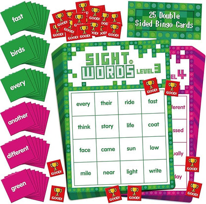 Sight Word Bingo Game, 144 Sight Words Learn to Read Level 3 & Level 4 Bingo Board Game Dolch's & Fry's Words Lists for Kindergarten and Preschool, Grade 1st, 2nd, Kids 4-8 (Up to 25 Players)