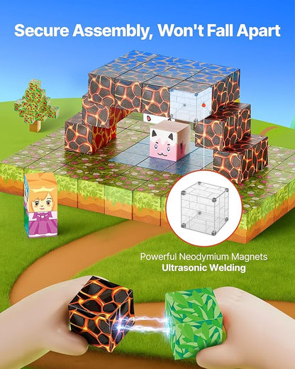 VEVOR Magnetic Blocks, 150 PCS Forest Castle Set, Magnetic Building Cubes for Kids, STEM Montessori Sensory Toys for Christmas Birthday Gift, Construction Stacking Toy for 3+ Years Old Boys & Girls