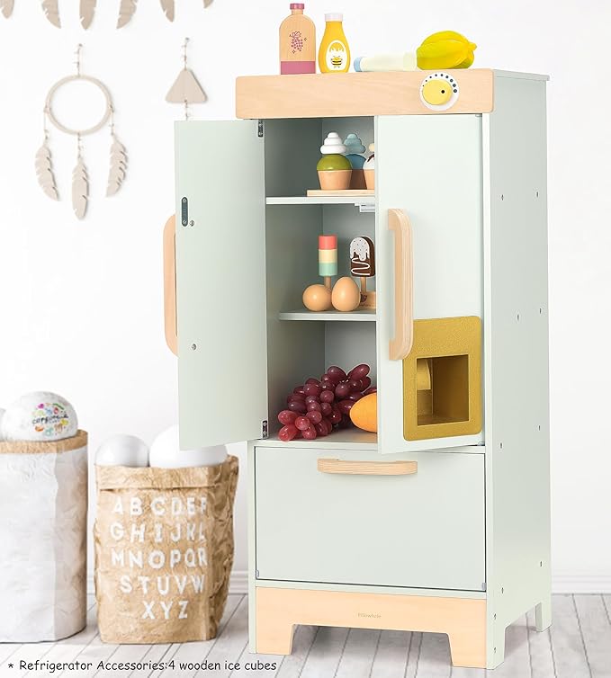 Wooden Play Refrigerator with Ice Maker – Mint Green Kids Fridge Toy, 4 Wooden Ice Cubes & Cup, Quiet Click Handle, Montessori Pretend Play for Toddlers 3+
