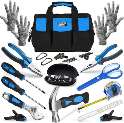 INCLY 24 PCS Real Tool Set with Tool Bag, Small Real Hand Tools Kit, Construction Learning Tools Hammer Screwdriver for Home DIY Building and Woodworking