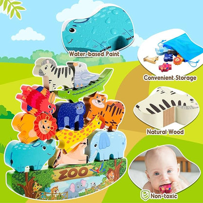 Wooden Animal Blocks Stacking Toy Kids Christmas Birthday Gifts for Boy Girl Age 3-7 Animals Montessori Toddler Toys 3 4 5 6 7 8 Year Old Boys Girls Educational Toys Fine Motor Balance Game