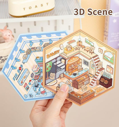 DIY 3D House Stickers, 4 Sets Fun DIY Sticker Scene Make Your Own Mini House Cute Cartoon Animal Scene Stickers for Kids Adult Sticker Art Relief Stress Pass The Time