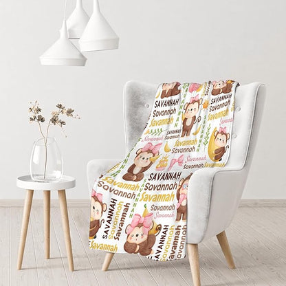 Personalized Baby Blanket for Girls Boys Kids Monkey Custom Baby Blanket with Name Throw Birthday Gift for Toddlers Infants Shower Newborns Nursery Stroller Crib Bed Decor