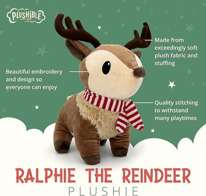 Plush Reindeer Stuffed Animal - Holiday Deer Characters with Antlers Toy - Christmas Decor Animals - Medium Plushie Toys - Ralphie, 14"