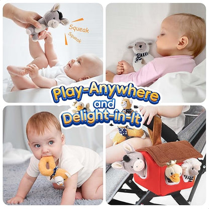 iPlay, iLearn Baby Toys 3 6 12 Month Newborn Gifts, Infant Soft Farm Stuffed Animal Rattles Plush Barn, Boy Girl Stuff, Shower Basket Stuffer, Sensory Hand Development Toy 0 2 4 7 9M 1 Yr - Farm
