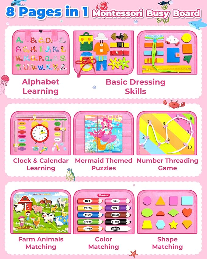 Gojmzo Busy Board Montessori Toys for Toddler Girl Birthday Gifts, Busy Book Sensory Toys for Toddlers, Learning Educational Toddler Travel Activities
