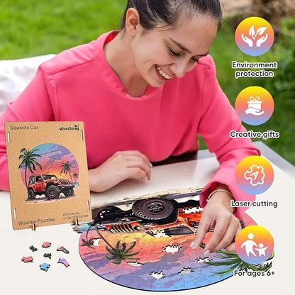 Wooden Puzzles Seaside Car, 200pcs, 12.4x11.4in, Wooden Puzzles for Adults, Unique Shape Animal Adult Puzzles, Irregular Wood Puzzles Best Gift for Adults Family Game