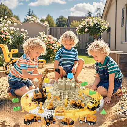 Play Construction Sand Kit, 2.2lbs Magic Sand, 6 Alloy Trucks,1 Big Semi-automatc Excavator,1 Race Truck 100 Tracks,10 Castle Molds,1 Sandbox mat,1 Storage Box, Sensory Toys for Kids Ages 3+