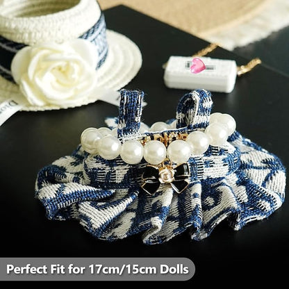17cm Doll Clothes Set with Fashion Accessories - Premium Luxury Baby Doll Outfits & Designer Clothes Bundle, Unique Fashion Style Dresses with Hat & Pearl Necklace & Bag Accessories(Blue)
