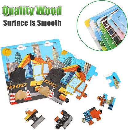 SANNIX 12 Pack Wooden Jigsaw Puzzles for Toddlers 3 4 5 Years Old, Party Favors Animals Jigsaw for Kids, Transportation Educational Puzzles Travel Toy with 12 Organize Bags