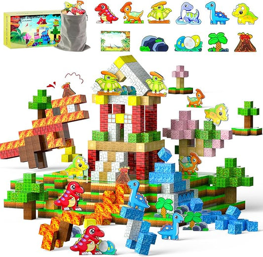 110PCS Dinosaur Toys Magnetic Cubes for Kids, Magnetic Building Blocks for Kids Ages 4-8 8-12, Magnet Blocks Classroom Must Haves Sensory Construction Toys for Boys Girls Gifts