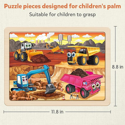SYNARRY Large Wooden Construction Vehicle Puzzles for Toddlers 3-5, 24 Piece Monster Truck Puzzles for Kids Ages 4-6, Construction Toys for 3 4 Year Old, Kids Toys Gifts for 3 4 5 Year Old Boys Girls