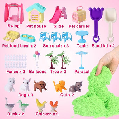 Billeeit Pet Sensory Bin Sand Toy with 2.2lbs Green Magic Sand, Dog ＆ Cat Play Sand Kit for Boys and Girls Including 28pcs Accessories Total, Sand Box Toys Gift for Kids 3+ Indoor Creativity