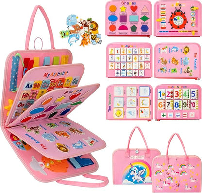 AIXMEET Toddler Busy Board Montessori Toys, Sensory Board Busy Book, Toys for Toddlers 3456 Year Old, Preschool Learning Activities with Life, Shape,Color,Animal,Weather,8 Pages (Pink)