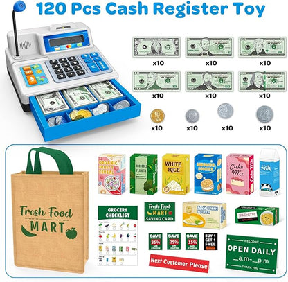 Calculator Cash Register Toy Gift for Kids Age 3, 4, 5, 6, 7, 8+ Year Old, 120 Pcs Grocery Store Playset with Toy Cash, Grocery BoxesCredit Card, Microphone, Grey Play Cash Register for Toddlers 4-8