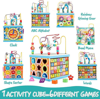 Qilay Wooden Activity Cube for Toddlers, 5 in 1 Multipurpose ABC-123 Abacus Early Educational Montessori Toys, Learning Toys for 3 Year Old | Bead Maze, Great for Boys Girls