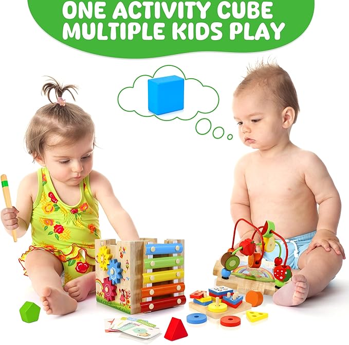Batlofty Wooden Activity Cube, 8-in-1 Montessori Toys for 1 2 Year Old Girl Boy Toddler| Sensory Educational Learning Toys 12-18 Months | 1st Birthday Gifts, Bead Maze | Bonus Sorting & Stacking Board