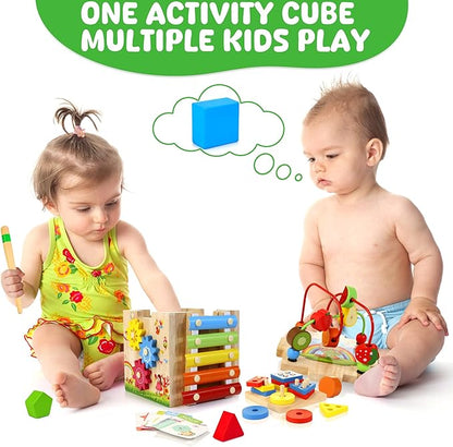 Batlofty Wooden Activity Cube, 8-in-1 Montessori Toys for 1 2 Year Old Girl Boy Toddler| Sensory Educational Learning Toys 12-18 Months | 1st Birthday Gifts, Bead Maze | Bonus Sorting & Stacking Board