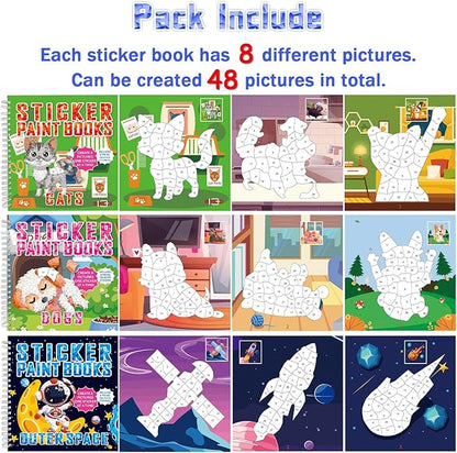 gisgfim 6 Pcs Paint by Sticker Books Sticker by Number Books Activity Book Sticker Puzzle Book Craft Art Gift with Mermaid Truck Outer Space Cat 48 Pictures Sticker by Number Book Set Party Favors