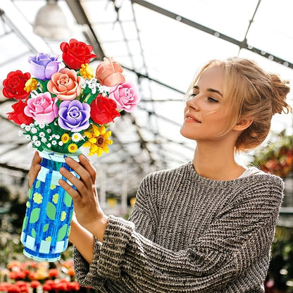 Roses Flowers Building Set with Vase & LED Light, Mother's Day 16 Mini Flowers Bouquet Botanical Building Blocks Toy, Birthday Gifts for Adults, Artificial Flowers for Home Decor & Display