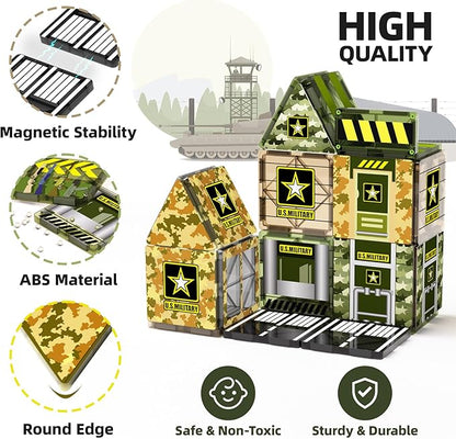 GobiDex Magnetic Tiles Army Toys, STEM Military Magnetic Building Blocks for Toddler Kids Ages 3-5 4-8, Sensory Magnet Construction Toys Birthday Gifts for 3+ Year Old Boys & Girls Army Men Playset
