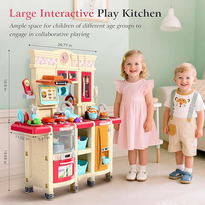【2025 Upgraded】 Kitchen for Kids Interactive Play Kitchen for Kids Toddlers-Lightweight Easy-Install Pretend Kitchen with Tablet Ordering, Music, Lights Sounds, Steam Stove, Sink & Dishwasher(Pink)