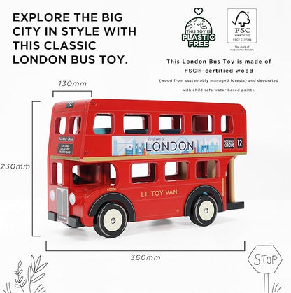 Le Toy Van - Cars & Construction - London Double Decker Bus - Wooden Bus - Role Play Toy - Suitable for Girls & Boys Age 3+, Red