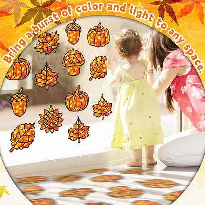 32 Sets Fall Thanksgiving Suncatchers Craft Kit DIY Window Stained Glass Effect Autumn Harvest Paper Crafts Home School Classroom Decoration Kid Birthday Gift Creative Art Project Activity Game