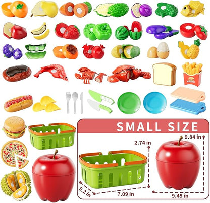 Play Food Set for Kids, Toddler Learning Toys, Cutting Food Toy Color Sorting Set, Pretend Food Play Kitchen Accessories for Kids, Birthday Gifts for 3-8 Years old Boys Girls Educational Toys