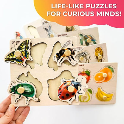 QUOKKA Wooden Puzzles for Toddlers 1-3 – 6 Pegged Puzzles for Kids Ages 2-4 – Animal and Fruits Learning Toy for Kids – Gift Realistic Educational Game for Boy and Girl