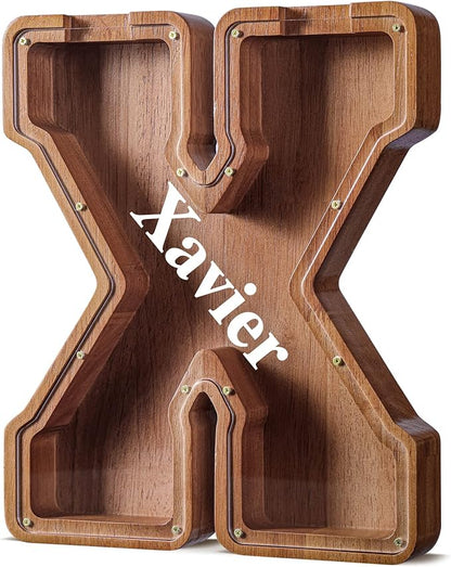 Summidate Customized Name Extra Large Wooden Piggy Bank for Kids Boys Girls Alphabets Letter A-Z Coins Bills Money Change Saving Box Clear Cover (Laser Engraved) Educational Toys 12"- Letter X