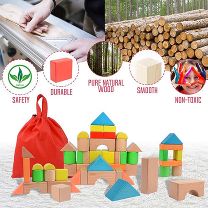 Large Wooden Building Blocks Set - Educational Preschool Learning Toys with Carrying Bag, Toddler Blocks Toys for 3+ Year Old Boy and Girl Gifts