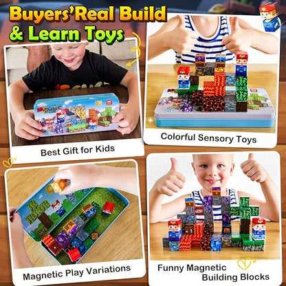 Magnetic Blocks Travel Toys with Metal Tin Travel Essentials STEM Learning Outdoor Building Kids Toddler Toys & Birthday Gifts for Boys Girls Ages 3+